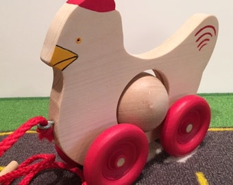 Toy Wood Chicken Detailed with Egg Pull Toy Red Details - Toy Handcrafted Natural Wood Chicken with Red Details and Organic Egg Pull Toy