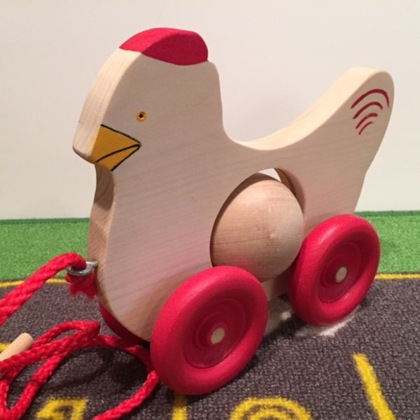 Toy Wood Chicken Detailed with Egg Pull Toy Red Details - Toy Handcrafted Natural Wood Chicken with Red Details and Organic Egg Pull Toy