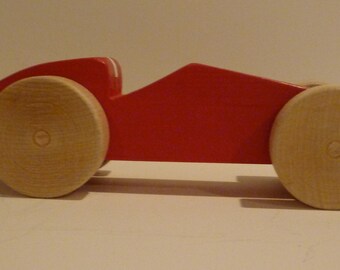 Toy Race Car - Toy Wooden Red Race Car - Handcrafted Wooden Toy Red Race Car with White Stripe and Natural Wheels - Toy wood Race Car Red