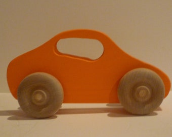 Toy Car Wooden Orange Car - Handcrafted Wood Orange Car - Baby's First Toy Fits Small Hands - Toy Car with Window Handle - Orange car