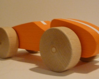 Toy Orange Wood Race Car - Handcrafted Wooden Toy Orange Race Car with White Stripe and Natural Wooden Wheels - Derby Racer - Birthday Party