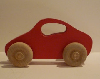 Toy Red Car - Handcrafted Wooden Red Toy Car - Baby's First Toy Fits Small Hands - Toy Car with Window Handle - Wooden Red Car with handle