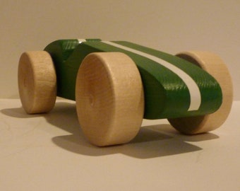 Toy Wooden Green Race Car - Handcrafted Wooden Green Toy Race Car with White Stripe and Natural Wooden Wheels - Green Racer Car White Stripe