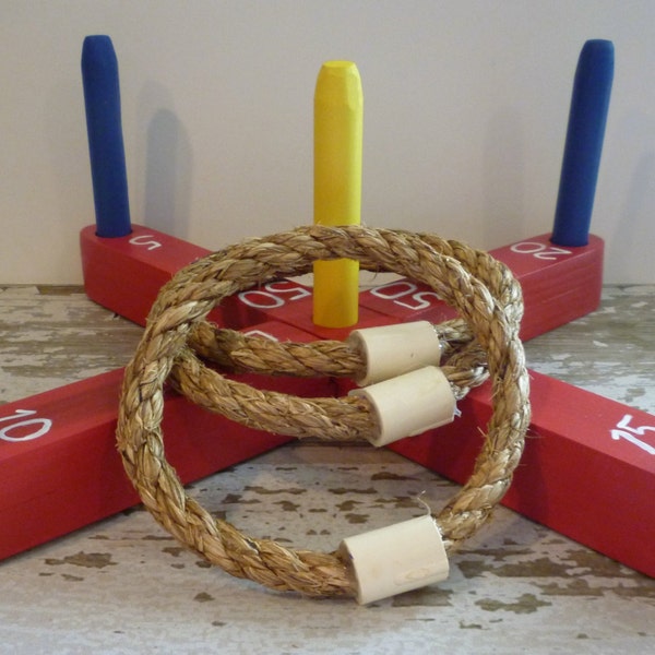 Toy Ring Toss Game with Red Wooden Base and 3 Manila Rope Rings - Handcrafted Wooden Toy Ring Toss Game with Red Base - Tote bag for storage