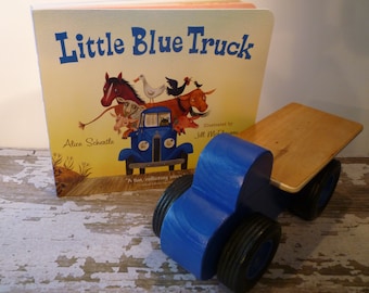 Toy Blue Flatbed Truck and Little Blue Truck Book - Handcrafted Wood Toy