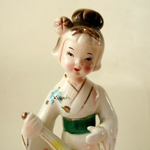 Cute Japanese Lady with Parasol  - Kitsch Vintage China Geisha Figurine