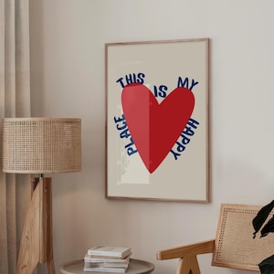 This Is My Happy Place Print, Trendy Heart Poster,Red Dark Blue Preppy Wall Art,Red Heart Wall Art,Aesthetic Apartment Decor,Digital Print 1