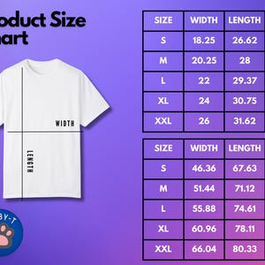 May include: A size chart for a t-shirt, showing measurements in inches and centimeters. The chart includes sizes S, M, L, XL, and XXL. The chart shows the width and length of the t-shirt in both inches and centimeters.
