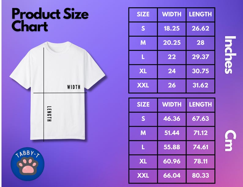 May include: A size chart for a t-shirt, showing measurements in inches and centimeters. The chart includes sizes S, M, L, XL, and XXL. The chart shows the width and length of the t-shirt in both inches and centimeters.
