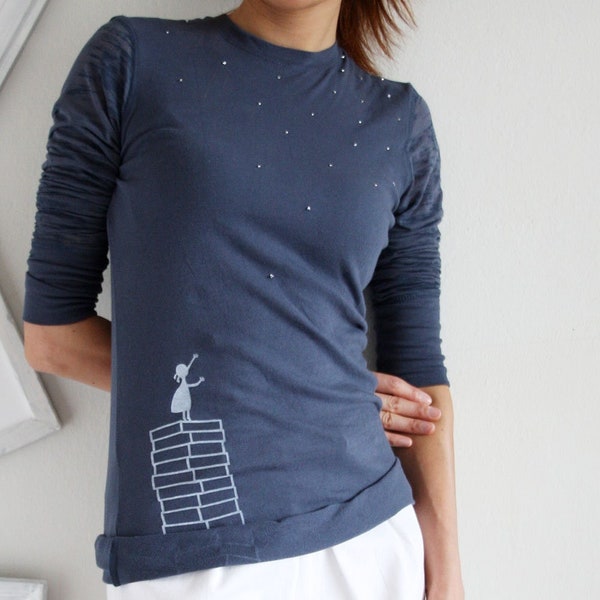 Women's meaningful shirts with reaching for the stars graphic, Applique clothing with silver beads and little girl line drawing in Size S