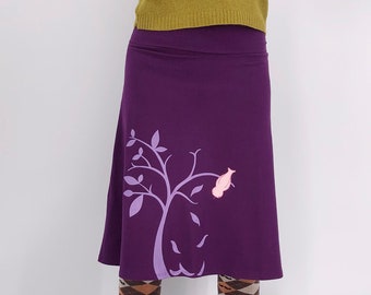 Womens purple knee length cotton skirt with big tree print and bird sew on patch, Stretchy A line jersey knit skirt with cardinal on a tree