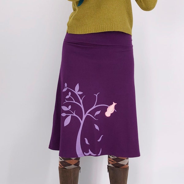 Womens purple knee length cotton skirt with big tree print and bird sew on patch, Stretchy A line jersey knit skirt with cardinal on a tree