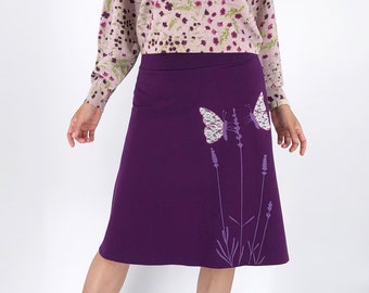 Women's A line fold over cotton skirt with butterfly sew on lace patch and lavender floral print in size S M L XL, Handmade butterfly skirt