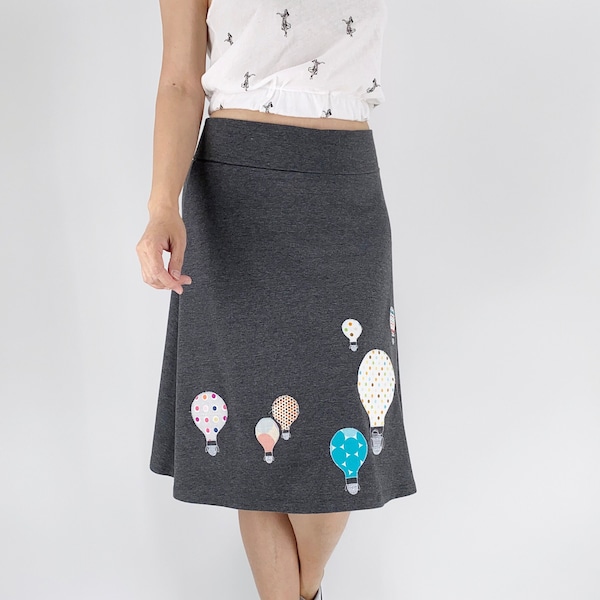 Cotton jersey knit plus size skirt with hot air balloon sew on patch, Gray traveling skirt with Hot air balloon decorations xl xxl xxxl