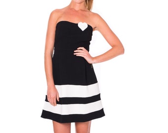 Women Strapless Dress . Black and White Stripe Dress . Fit and Flared Dress with Heart Applique . Cocktail Party Dress size Small and Medium