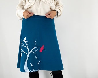 Teal blue A line bird skirt tree print and red cardinal sew on patch, Cotton jersey fold over elastic waist skirt with bird applique