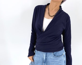 Stretchy cotton jersey knit long sleeve yoga tie wrap top in Navy blue and Teal blue, Size in S, M, L, XL, Cotton convertible top