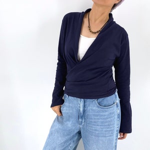 Stretchy cotton jersey knit long sleeve yoga tie wrap top in Navy blue and Teal blue, Size in S, M, L, XL, Cotton convertible top image 1