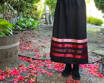 Elegant Ribbon Skirt . Handmade Black Skirt with Red Burgundy Pink Ribbons