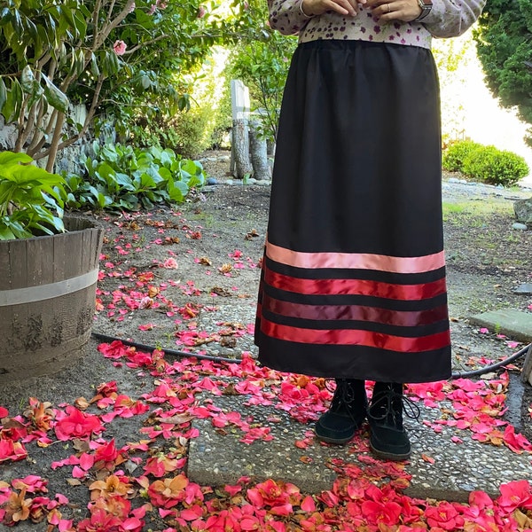 Elegant Ribbon Skirt . Handmade Black Skirt with Red Burgundy Pink Ribbons