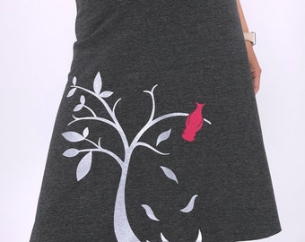 Plus size a line cotton skirt with red cardinal bird sew on patch and white tree print, Bird skirt for women xl xxl xxxl US size 16 - 24