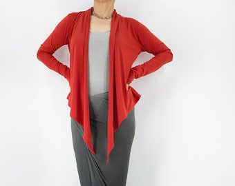 Stretchy jersey knit wrap top in burnt orange charcoal gray, Wrap blouse stretch size xl 2x 3x, Open front cardigan