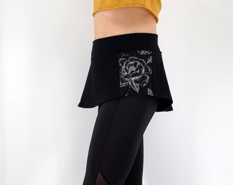 Black cotton cover up skirt, shirt extender, layering skirt with floral print pockets, Overskirt for leggings or yoga pants