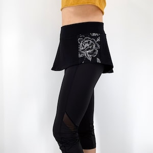 Black cotton cover up skirt, shirt extender, layering skirt with floral print pockets, Overskirt for leggings or yoga pants
