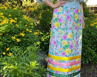 Spring ribbon skirt with watercolor floral print cotton