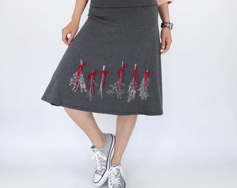 A-line skirt with herbs drawing and tiny red bow applique, Fold over skirt with thyme sage chives parsley dill rosemary print size Small