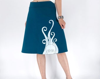 Teal blue stretchy cotton jersey octopus skirt in plus size clothing, Aline fold over waist skirts for women with octopus illustration