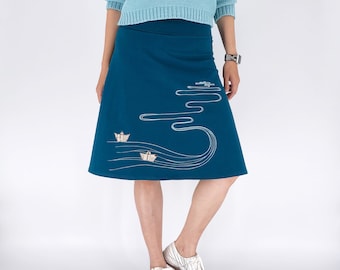 Teal blue A line cotton skirt for women with river print and paper boat sew on applique in size S M L XL, Sailboat skirt with elastic waist