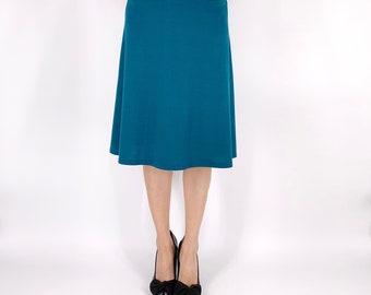 Solid Color A-Line Knee Length Skirt: Teal Blue, Burnt Orange, Charcoal Gray, Stretchy Jersey Knit Traveling Skirt - Sizes S, M, L, XL