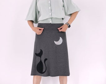 Womens jersey black cat skirt in plus size clothing, kawaii plus size summer skirt with black kitty and white moon print in size xl 2xl 3xl