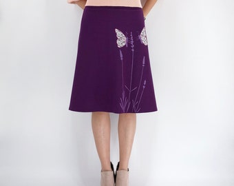 Plus size purple skirt with lavender print and butterfly lace applique, Cotton floral skirt with butterfly embroidery design size xl 2x 3x