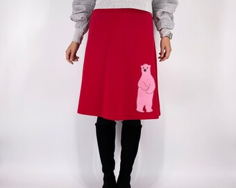 Red knee length cotton jersey knit skirt with white polar bear line drawing design, Handmade cute polar bear skirts for women size S M L Xl
