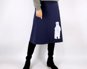 Polar bear navy blue cotton knit skirt, Plus size women clothing with white polar bear print and line drawing decoration in size xl xxl xxxl