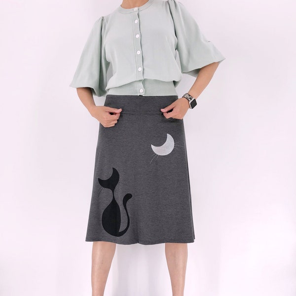 Womens jersey black cat skirt in plus size clothing, kawaii plus size summer skirt with black kitty and white moon print in size xl 2xl 3xl