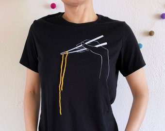 Kawaii Ramen Lover Tee with Chopsticks Print and Noodle Applique in Sizes XL 2XL 3XL Plus Size Black T-shirt is Perfect for Asian Food Fans