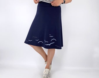 Dark Navy Blue Cotton Jersey Knit Plus Size Skirt with Flock of Flying Bird Print and Birds Silhouette Stitch, Back-to-school Teacher Skirt