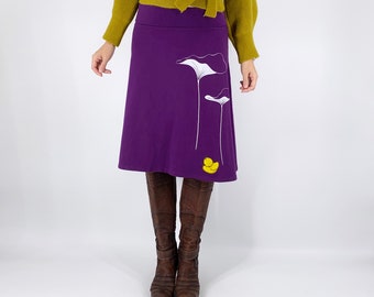 Dark Purple Cotton Skirt with Lotus Leaves Print and Yellow Duck, Fold-over Waistband Skirt with Snuggly Duckling Sew on Patch Size S M L XL