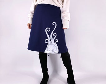 Elastic waist skirt with big octopus print, Kawaii clothing plus size, Plus Size Octopus Print Cotton Skirt in Navy Blue Size XL XXL XXXL