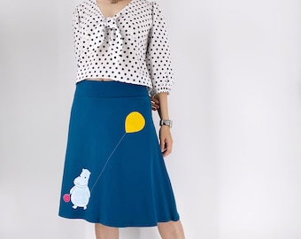 Cute and Quirky Skirt with Whimsical Hippo Print, Balloon and Lollipop Patches , Pull On Skirt in Teal Blue Cotton Jersey in Sizes XL 2X 3X