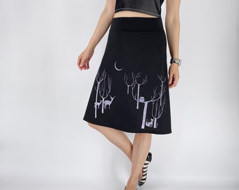 Black jersey a line skirt with fox deer owl forest print, Hand screen print skirt with tree woodland animal star decoration S M L XL