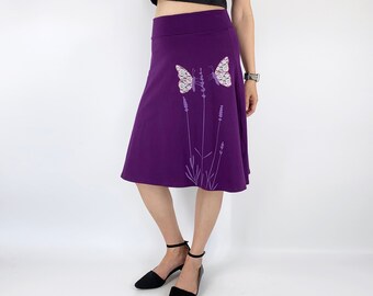 A line fold over cotton skirt with butterfly sew on lace patch and lavender floral print size S M L XL, Butterfly print clothing for women