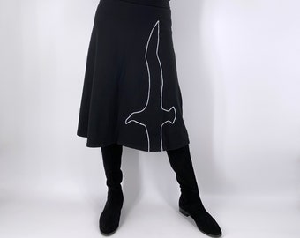 Plus size long skirt with Albatross sew on yarn applique, Handmade tea length skirt, Cotton jersey bird skirt in black, gray size xl 2xl 3xl