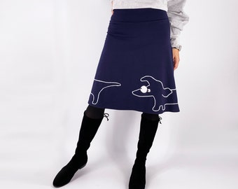 Navy blue dachshund skirt in size S M L XL, Cotton jersey knit skirt with sausage dog applique, Unique dog line drawing skirt for women