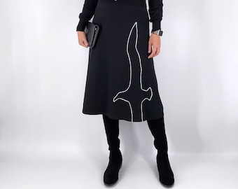Midi skirt with Albatross sew on yarn applique, Handmade tea length skirt, Bird embroidered skirt in black, gray size S, M, L and XL