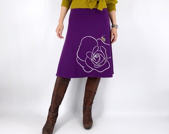 A line jersey knit skirt with big flower print and ladybug sew on patch, Purple stretch cotton floral skirt, Rose skirt for women