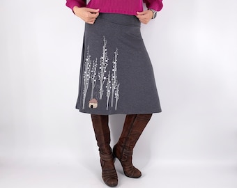 Stretchy A line gray skirt with tiny house patch and white forest print print, Soft Jersey knit knee length skirt with cottage applique